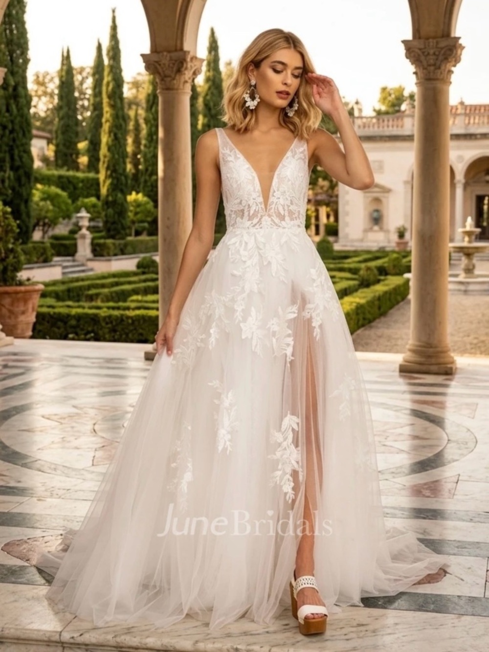 White Lace Applique V-Neck Wedding Dress